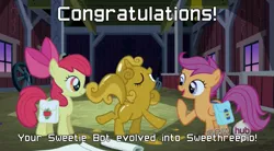 Size: 839x464 | Tagged: safe, derpibooru import, edit, edited screencap, screencap, apple bloom, scootaloo, sweetie belle, earth pony, pegasus, pony, robot, robot pony, unicorn, one bad apple, butt, c3po, caption, cutie mark crusaders, female, filly, foal, hooves, horn, open mouth, plot, pokémon, saddle bag, smiling, star wars, sweetie bot, sweetie gold, text, window, wings