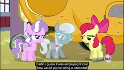 Size: 1920x1080 | Tagged: apple bloom, derpibooru import, diamond tiara, one bad apple, safe, screencap, silver spoon, youtube caption