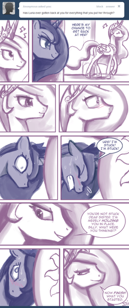 Size: 535x1280 | Tagged: questionable, artist:johnjoseco, derpibooru import, princess celestia, princess luna, alicorn, pony, ask princess molestia, princess molestia, ask, bedroom eyes, blushing, butt, comic, eyes closed, female, floppy ears, glare, grin, gritted teeth, horn penetration, incest, lesbian, looking back, mare, music notes, nudity, penetration, plot, princest, sex, shipping, smiling, softcore, stuck, sweat, tumblr, vaginal, wide eyes