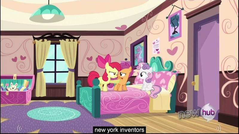 Size: 1920x1080 | Tagged: apple bloom, bed, caption, derpibooru import, edited screencap, hub logo, one bad apple, safe, scootaloo, screencap, sweetie belle, youtube caption