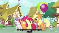 Size: 1920x1080 | Tagged: apple bloom, applejack, balloon, caption, derpibooru import, edited screencap, one bad apple, safe, scootaloo, screencap, sweetie belle, youtube caption