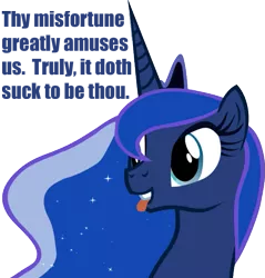 Size: 637x667 | Tagged: safe, derpibooru import, princess luna, caption, schadenfreude, simple background, solo, tongue out