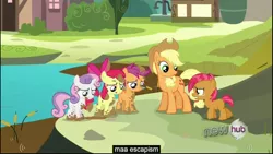 Size: 1920x1080 | Tagged: apple bloom, applejack, babs seed, caption, cutie mark crusaders, derpibooru import, dirty, edited screencap, hub logo, one bad apple, safe, scootaloo, screencap, sweetie belle, youtube caption