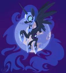 Size: 2148x2357 | Tagged: safe, artist:cuttycommando, derpibooru import, nightmare moon, alicorn, pony, armor, cutie mark, female, flying, full moon, hooves, horn, lineless, mare, moon, solo, spread wings, wings