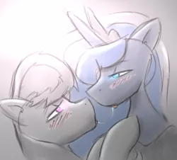 Size: 881x796 | Tagged: suggestive, derpibooru import, octavia melody, princess luna, bedroom eyes, blushing, drool, drool string, eye contact, female, kissing, lesbian, lunatavia, open mouth, shipping, sloppy kissing, tongue out