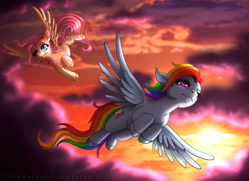 Size: 1000x727 | Tagged: safe, artist:littlefernanda, derpibooru import, fluttershy, rainbow dash, pegasus, pony, cloud, colored hooves, duo, duo female, dusk, female, flying, mare, sky, spread wings, wings