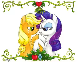 Size: 800x640 | Tagged: safe, artist:fallenzephyr, derpibooru import, applejack, rarity, earth pony, pony, unicorn, female, holiday, holly, lesbian, mare, mistletoe, noseboop, nuzzling, rarijack, shipping, traditional art