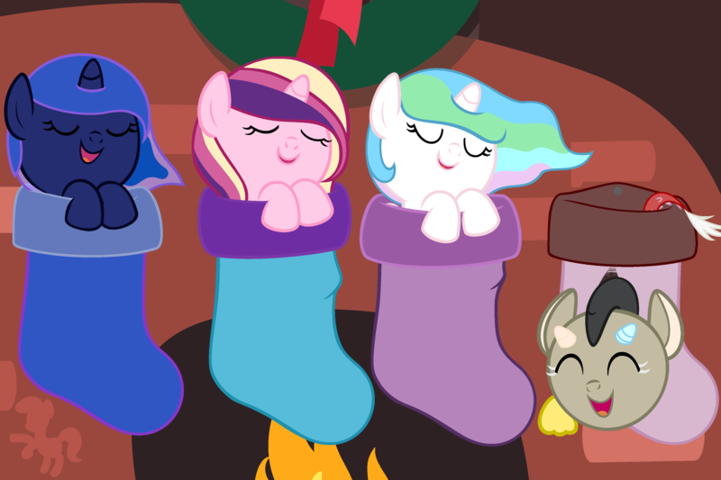 Size: 3600x2400 | Tagged: safe, artist:beavernator, derpibooru import, discord, princess cadance, princess celestia, princess luna, pony, cewestia, christmas, cute, cutedance, daaaaaaaaaaaw, discord being discord, discute, eyes closed, filly, happy, hnnng, open mouth, smiling, woona