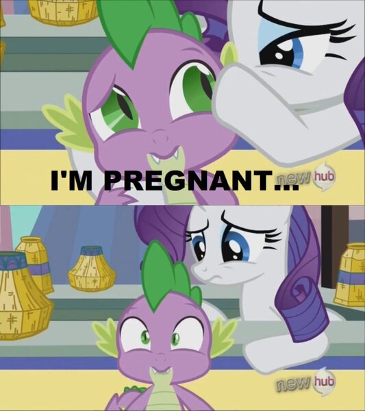 Size: 842x948 | Tagged: safe, derpibooru import, edit, edited screencap, screencap, rarity, spike, dragon, pony, unicorn, caption, comic, female, male, mare, out of context, pregnant, screencap comic, shipping, sparity, straight