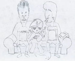 Size: 886x718 | Tagged: artist:rainbow4242564, beavis, beavis and butthead, butthead, crossover, derpibooru import, lyra heartstrings, safe, sketch