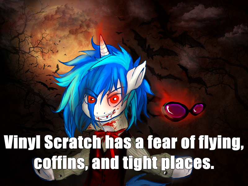 Size: 800x600 | Tagged: safe, artist:cruelseptember, derpibooru import, vinyl scratch, pony, unicorn, vampire, epic wub time, blood, blood stains, caption, clothes, fangs, female, glasses, headcanon, hellsing, hellsing ultimate abridged, hooves, horn, ironic, irony, magic, mare, messy mane, meta, moon, nowacking, red eyes, seras victoria, sharp teeth, smiling, solo, spooky, sunglasses, teeth, telekinesis, text, vest, vinyl the vampire, voice actor joke, waistcoat