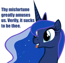 Size: 680x667 | Tagged: safe, derpibooru import, edit, princess luna, caption, schadenfreude, simple background, solo, tongue out, transparent, transparent background