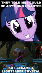 Size: 437x758 | Tagged: caption, derpibooru import, lightsaber, meme, safe, star wars, star wars: the old republic, they told me, twilight sparkle