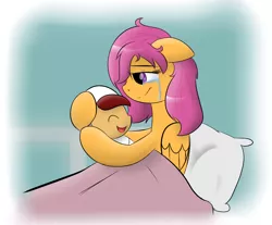 Size: 1252x1035 | Tagged: safe, derpibooru import, scootaloo, oc, oc:lightning blitz, pony, ask pregnant scootaloo, baby, baby pony, colt, crying, female, foal, holding a pony, male, mother and son, newborn, offspring, parent:rain catcher, parent:scootaloo, parents:catcherloo, pregnant scootaloo