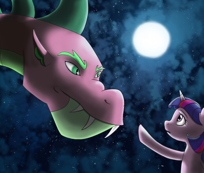 Size: 2000x1698 | Tagged: safe, artist:scrumpychumpy, derpibooru import, spike, twilight sparkle, dragon, pony, unicorn, adult spike, duo, female, full moon, how to train your dragon, mare, moon, night, older, parody, spikezilla, unicorn twilight