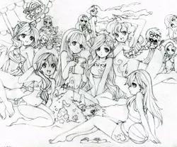 Size: 790x654 | Tagged: apple bloom, applejack, artist:butterflywingies, beach, bikini, clothes, derpibooru import, derpy hooves, fluttershy, humanized, lyra heartstrings, mane seven, monochrome, pinkie pie, princess celestia, princess luna, rainbow dash, rarity, safe, scootaloo, spike, sweetie belle, swimsuit, trixie, twilight sparkle, vinyl scratch, zecora