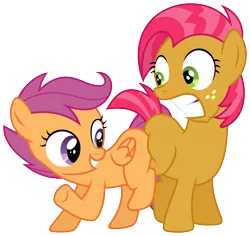 Size: 9091x8590 | Tagged: absurd resolution, artist:floppychiptunes, babscoot, babs seed, blank flank, butt bump, butt to butt, butt touch, derpibooru import, one bad apple, safe, scootaloo, simple background, transparent background, vector