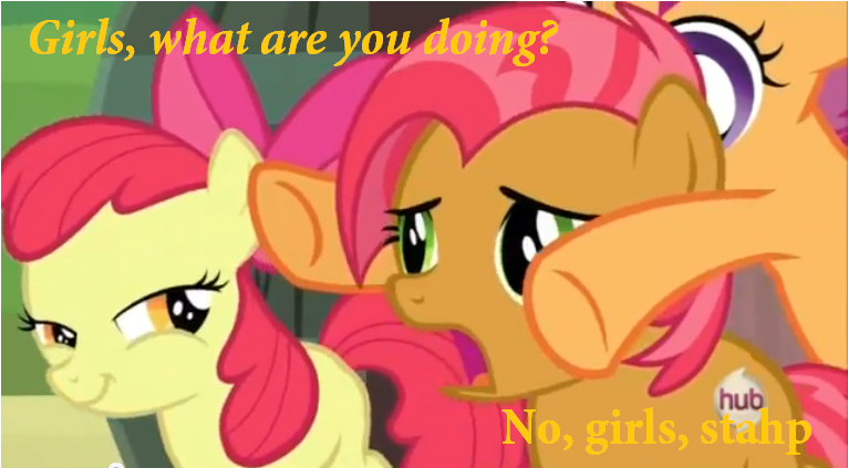 Size: 766x423 | Tagged: semi-grimdark, suggestive, derpibooru import, edit, edited screencap, screencap, apple bloom, babs seed, scootaloo, earth pony, pony, one bad apple, babscoot, caption, female, filly, implied futa, implied rape, implied sex, out of context, rapeface, stahp
