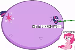 Size: 893x600 | Tagged: balloon, derpibooru import, hose, hose bulges, image macro, inflation, lordryu fat edit, pinkie pie, safe, text, twilight sparkle, vulgar, weight gain