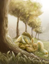 Size: 3843x5000 | Tagged: applejack, artist:scrumpychumpy, derpibooru import, safe, sleeping, solo, tree