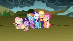 Size: 1280x720 | Tagged: applejack, derpibooru import, dragonshy, edit, edited screencap, fluttershy, mane six, pinkie pie, rainbow dash, rapeface, rarity, screencap, suggestive, twilight sparkle, woody, woody face