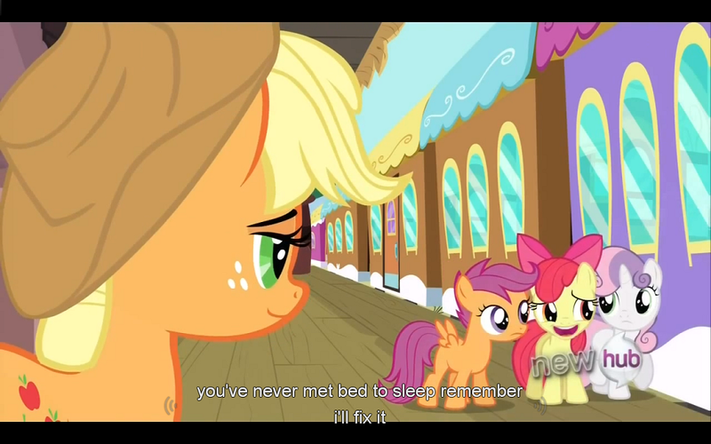 Size: 1024x640 | Tagged: apple bloom, applejack, caption, derpibooru import, edited screencap, one bad apple, safe, scootaloo, screencap, sweetie belle, youtube caption