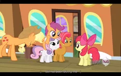 Size: 1024x640 | Tagged: apple bloom, applejack, babs seed, caption, derpibooru import, edited screencap, one bad apple, safe, scootaloo, screencap, sweetie belle, youtube caption