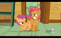 Size: 1024x640 | Tagged: babs seed, butt bump, butt to butt, butt touch, derpibooru import, one bad apple, safe, scootaloo, screencap, youtube caption