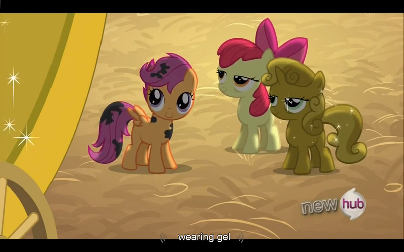 Size: 1024x640 | Tagged: apple bloom, caption, derpibooru import, dirty, edited screencap, hub logo, one bad apple, safe, scootaloo, screencap, sweetie belle, sweetie gold, youtube caption