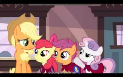 Size: 1024x640 | Tagged: safe, derpibooru import, edited screencap, screencap, apple bloom, applejack, scootaloo, sweetie belle, one bad apple, caption, youtube caption