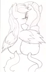 Size: 1286x2002 | Tagged: safe, artist:pockystix, derpibooru import, rainbow dash, rarity, pegasus, pony, unicorn, both cutie marks, female, kissing, lesbian, lineart, raridash, shipping, sitting, sketch, traditional art, winghug, wings