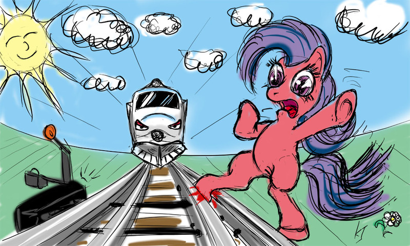 Size: 1024x614 | Tagged: semi-grimdark, artist:koko-jambo, derpibooru import, oc, unofficial characters only, earth pony, pony, bipedal, blood, female, imminent death, mare, train, train tracks