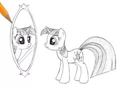 Size: 800x572 | Tagged: artist:sirzi, derpibooru import, fourth wall, frown, mirror, monochrome, pencil, pencil drawing, reflection, safe, sketch, traditional art, twilight sparkle