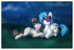 Size: 1000x667 | Tagged: safe, artist:vella, derpibooru import, octavia melody, vinyl scratch, female, lesbian, red eyes, scratchtavia, shipping