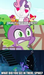 Size: 756x1275 | Tagged: anti-shipping, apple bloom, bridle gossip, comic, cutie mark crusaders, derpibooru import, edit, edited screencap, exploitable meme, greatest fear, heart eyes, lesson zero, safe, scootaloo, screencap, screencap comic, spike, sweetie belle, the crystal empire, the scary door, twilight sparkle, wingding eyes