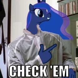 Size: 506x508 | Tagged: check em, derpibooru import, dubs, image macro, patrick bateman, princess luna, safe