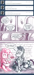 Size: 581x1280 | Tagged: artist:johnjoseco, ask, ask princess molestia, bowl, comic, derpibooru import, door, dungeon, food, ice cream, night guard, pinkie pie, pinkie pie out of nowhere, safe, torch, tumblr