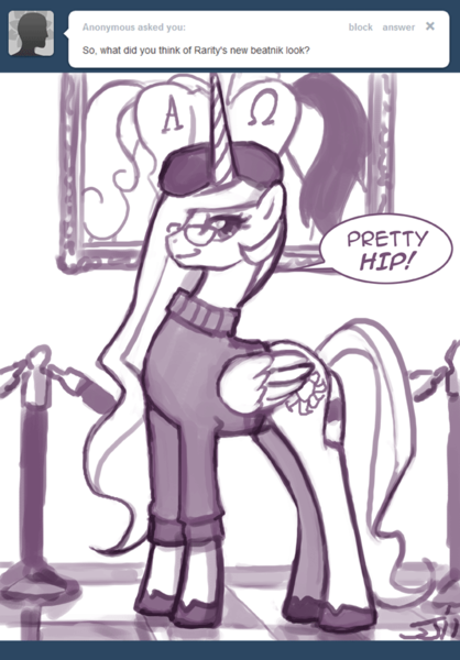 Size: 650x933 | Tagged: safe, artist:johnjoseco, derpibooru import, princess celestia, alicorn, pony, ask princess molestia, princess molestia, ask, beatnik, clothes, comic, glasses, hat, painting, plot, sweater, tumblr