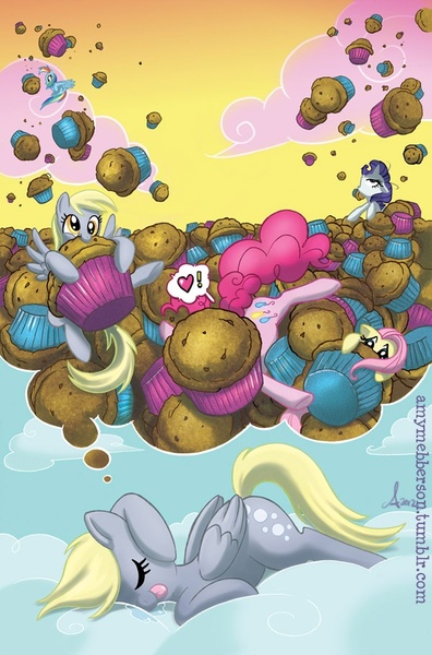 Size: 600x910 | Tagged: safe, artist:amy mebberson, derpibooru import, idw, official, derpy hooves, fluttershy, pinkie pie, rarity, pegasus, pony, comic, cover, female, mare, muffin, official comic, that pony sure does love muffins