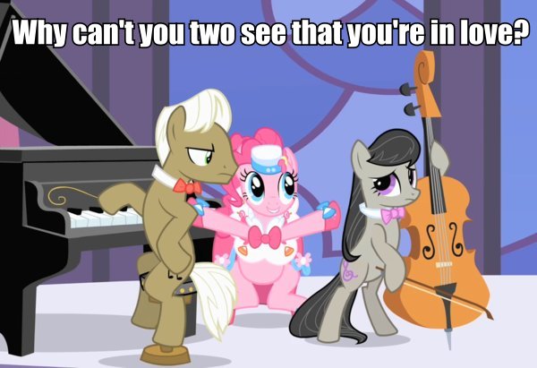 Size: 600x411 | Tagged: bipedal, bipedal leaning, caption, clothes, derpibooru import, dress, edit, edited screencap, female, frederic horseshoepin, fredtavia, gala, gala dress, grand galloping gala, hoof hold, image macro, leaning, male, octavia melody, pinkie pie, safe, screencap, shipping, straight, the best night ever