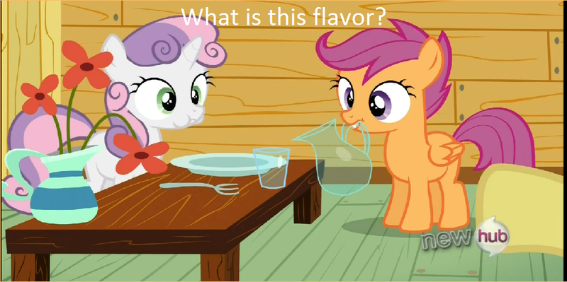 Size: 1034x516 | Tagged: safe, derpibooru import, edited screencap, screencap, scootaloo, sweetie belle, one bad apple, american english, caption, jug, mouth hold