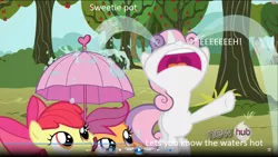 Size: 1360x768 | Tagged: apple bloom, caption, crying, cutie mark crusaders, derpibooru import, edit, edited screencap, hub logo, nose in the air, ocular gushers, one bad apple, safe, scootaloo, screencap, sweetie belle, sweetie pot, text, umbrella, volumetric mouth