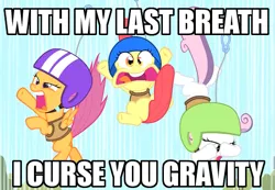 Size: 517x357 | Tagged: safe, derpibooru import, edit, edited screencap, screencap, apple bloom, scootaloo, sweetie belle, the cutie mark chronicles, caption, covering eyes, cropped, cutie mark crusaders, faic, falling, helmet, image macro, speed lines, tongue out