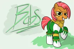 Size: 1280x853 | Tagged: safe, artist:dappercat-uk, derpibooru import, babs seed, earth pony, pony, crossover, dragon ranger, green ranger, kyouryuu sentai zyuranger, mighty morphin power rangers, parody, power rangers, super sentai