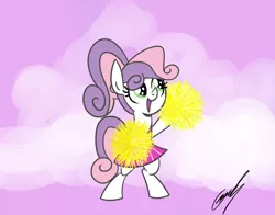 Size: 1432x1124 | Tagged: safe, artist:gearholder, derpibooru import, sweetie belle, pony, bipedal, cheerleader, missing horn, pom pom, ponytail