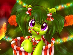 Size: 1024x768 | Tagged: artist:fizzy-dog, blushing, bow, candy, candy cane, christmas, cute, derpibooru import, looking at you, mouth hold, nom, oc, ocbetes, oc:lemonade, pigtails, safe, smiling, solo, unofficial characters only