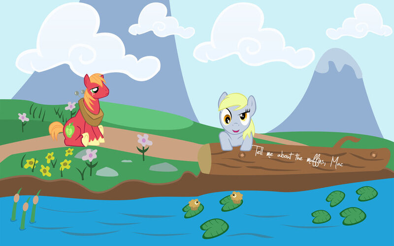 Size: 900x563 | Tagged: safe, artist:eyeofmagnus, derpibooru import, big macintosh, derpy hooves, earth pony, pony, cloud, cloudy, flower, imminent death, implications, lilypad, log, male, mountain, muffin, of mice and men, reed, stallion, wallpaper, water