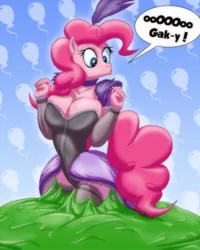 Size: 1024x1280 | Tagged: anthro, artist:toughset, breasts, burlesque, busty pinkie pie, cleavage, clothes, corset, derpibooru import, dialogue, female, gak, goo, pinkie pie, saloon dress, saloon pinkie, showgirl, slime, smooze, solo, solo female, squishy, squooshy, stockings, suggestive