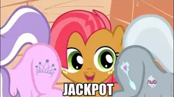 Size: 725x407 | Tagged: babs seed, caption, derpibooru import, diamond tiara, edit, edited screencap, image macro, jackpot, one bad apple, plot, safe, screencap, silver spoon