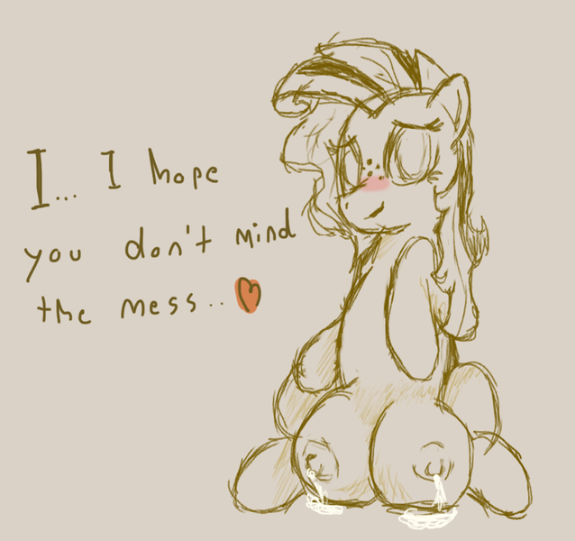 Size: 848x797 | Tagged: questionable, artist:kipenz, derpibooru import, oc, oc:milky way, unofficial characters only, pony, blushing, crotchboobs, female, heart, impossibly large crotchboobs, lactation, leaking, mare, milk, nipples, nudity, puddle, sketch, solo, solo female
